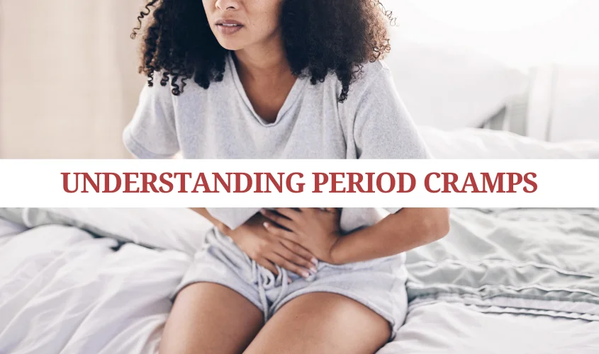 Graphic illustrating causes, symptoms, and relief for period cramps.