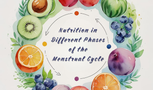 Nutrition by Menstrual Cycle Phases — woman choosing healthy foods with calendar, fruits, greens