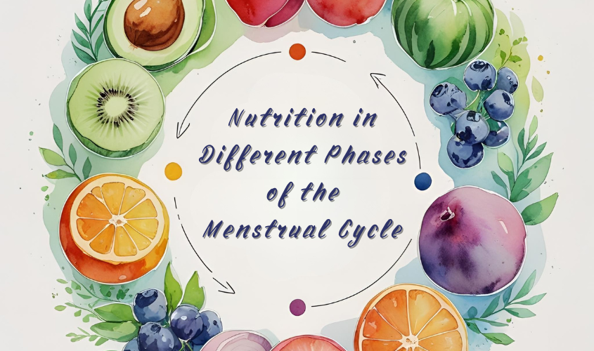 Nutrition for Every Phase of the Menstrual Cycle Nutrition by Menstrual Cycle Phases — woman choosing healthy foods with calendar, fruits, greens